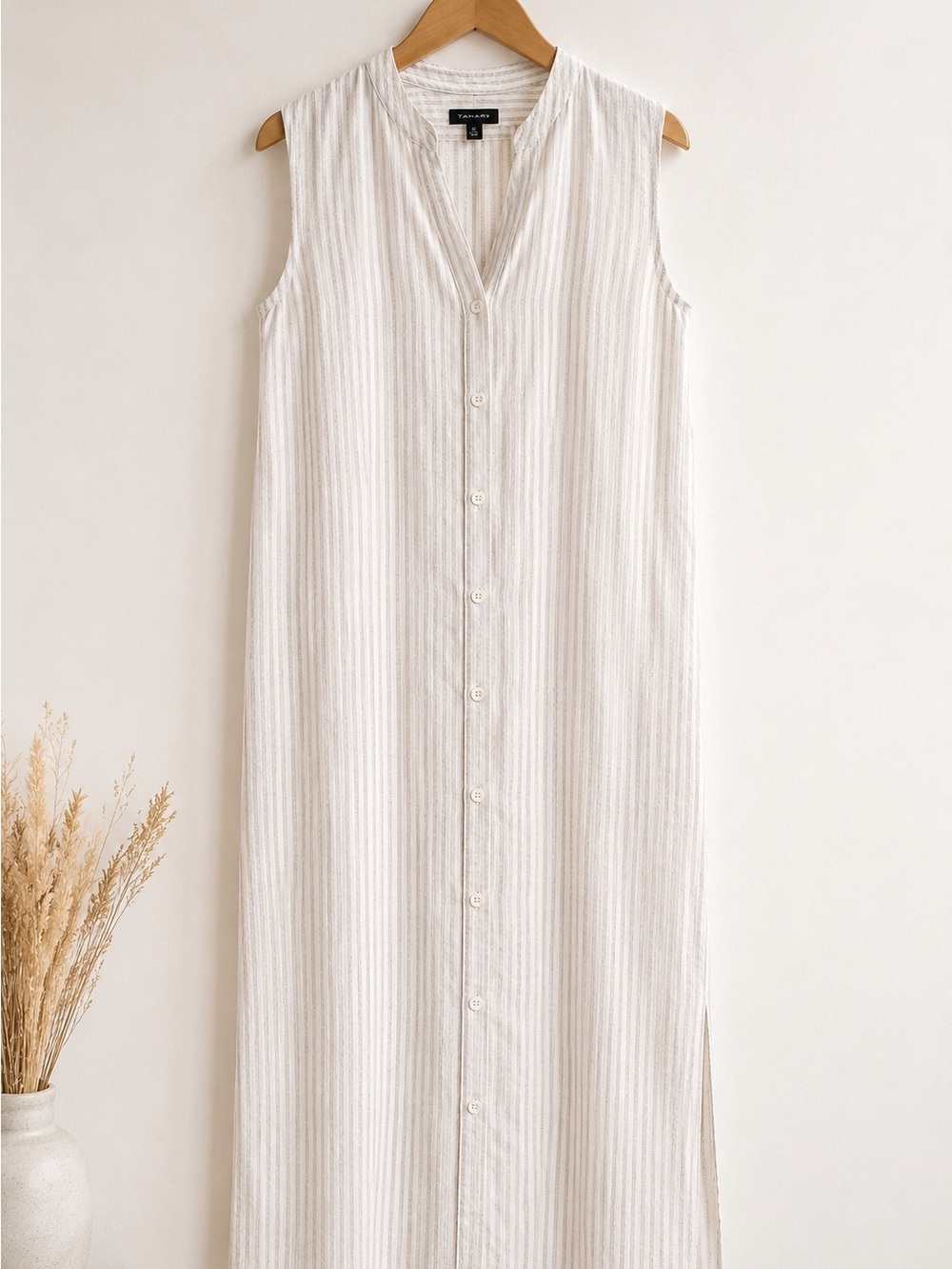 Tahari Striped Linen-Rayon Button-Down Dress – Size 12 – Beige & White